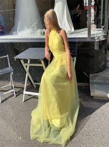 A Line Halter Yellow Tulle Prom Dress with Pleats