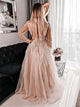 Sweep Train Open Back Pink Evening Dresses