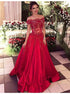 A Line Off the Shoulder Sweep Train Red Satin Prom Dress with Beading Lace LBQ3424