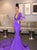 Mermaid V Neck Long Sleeves Purple Appliques Prom Dresses LBQ2996