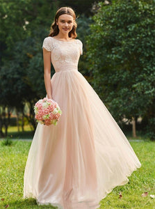 Short Sleeves A Line Lace Chiffon Open Back Prom Dresses