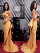 Gold Mermaid Jewel Sequins Beads Satin Prom Dress LBQ3762