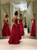 A Line Strapless Red Satin Pockets Prom Dresses 