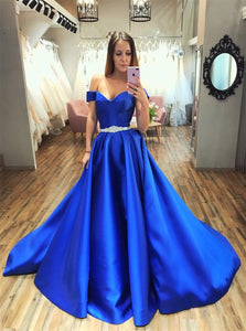 A Line Off the Shoulder Royal Blue Saitn Prom Dresses with Belt 