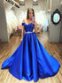A Line Off the Shoulder Royal Blue Saitn Prom Dresses with Belt LBQ3256