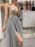 A Line V Neck Sequins Tulle Backless Prom Dress with Slit LBQ3660