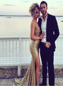 Strapless Gold Sequins Mermaid Evening Dresses with Split 