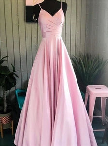 Spaghetti Long A Line Pink Satin Pleats Prom Dresses