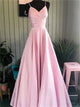 Spaghetti Long A Line Pink Satin Pleats Prom Dresses