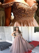 A Line Off the Shoulder Tulle Prom Dresses With Beadings 