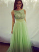 Scoop A Line Tulle Green Bowknot Sequins Prom Dresses