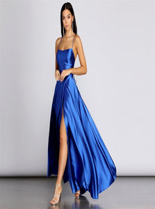 A Line Halter Lace Up Satin Prom Dress with Slit