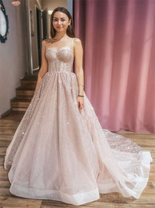 A Line Champage Sweetheart Tulle Sequin Lace Up Prom Dresses 