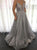 A Line Spaghetti Straps Grey Tulle Appliques Backless Prom Dresses