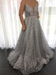 A Line Spaghetti Straps Grey Tulle Appliques Backless Prom Dresses