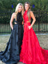 A Line Two Piece High Neck Appliques Satn Prom Dress LBQ3974