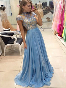 A Line Sweep Train Blue Evening Dresses