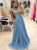 A Line Sweep Train Blue Evening Dresses