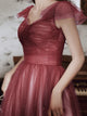 A Line Spaghetti Straps Tulle Pleats Lace Up Prom Dress