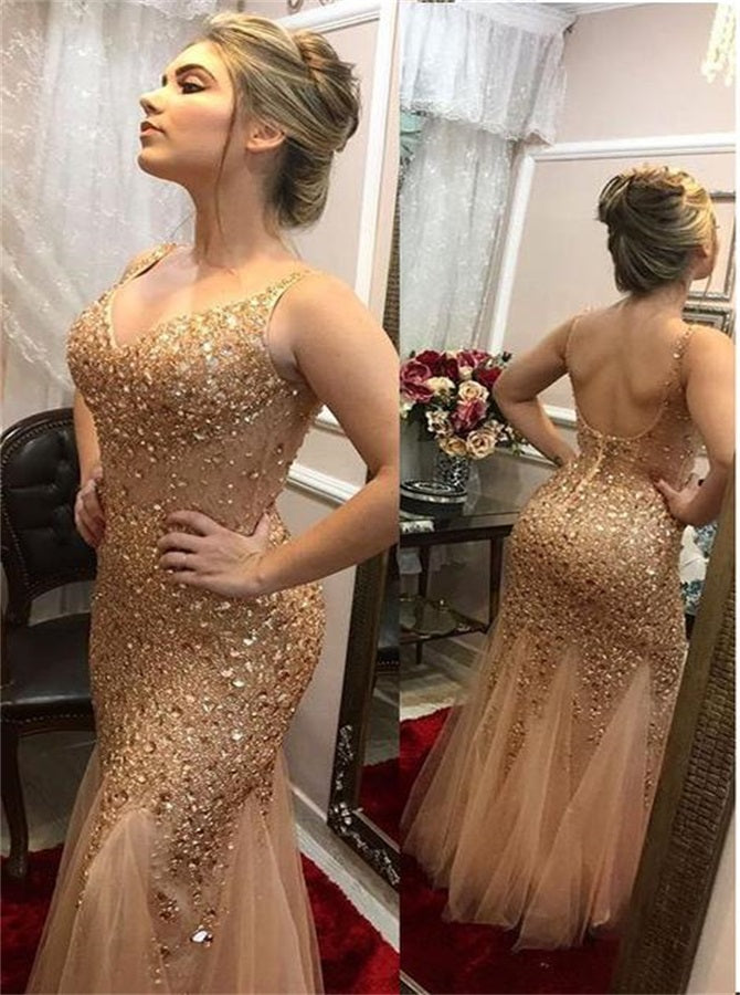 Mermaid V Neck Sequins Tulle Open Back Prom Dresses| Alinepromdress Mermaid V Neck Sequins Tulle Open Back Prom Dresses| Alinepromdress