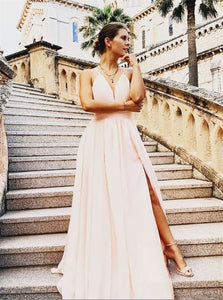 A Line V Neck Chiffon Pink Prom Dresses with Slit 