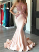 Mermaid Scoop Appliques Lace Satin Prom Dresses