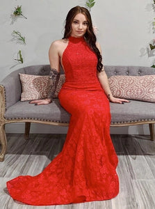 Mermaid Lace High Neck Open Back Prom Dresses