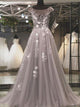 A Line Grey Scoop Cap Sleeves Tulle Backless Prom Dresses
