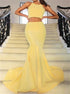 Mermaid Two Piece Scoop Satin Pleats Yellow Prom Dress LBQ3623