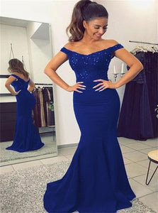 Off the Shoulder Mermaid Satin Prom Dress With Applique
