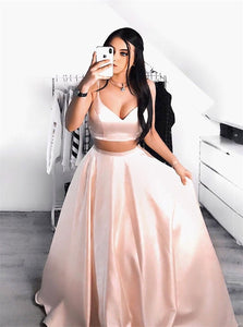 A Line V Neck Two Piece Satin Pleats Prom Dresses