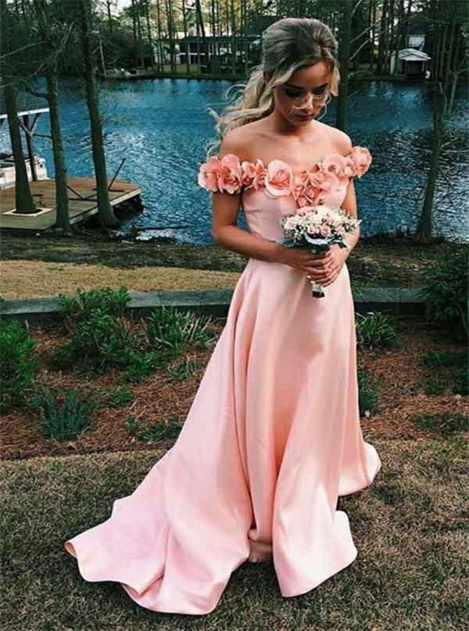 3D flowers Off Shoulders Blush Pink Satin Prom Dress | Alinepromdress 3D flowers Off Shoulders Blush Pink Satin Prom Dress | Alinepromdress