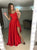 A Line V Neck Red Satin Slit Prom Dresses