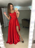 A Line V Neck Red Satin Slit Prom Dresses LBQ3729