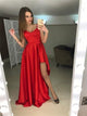 A Line V Neck Red Satin Slit Prom Dresses