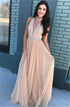 A Line High Neck Keyhole Tulle Prom Dress with Beading LBQ3290