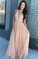A Line High Neck Keyhole Tulle Prom Dress with Beadings