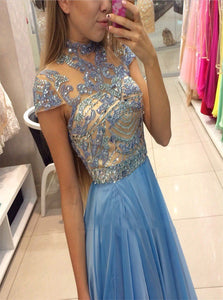Blue Chiffon High Neck Prom Dresses Short Sleeve Beadings