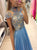 Blue Chiffon High Neck Prom Dresses Short Sleeve Beadings