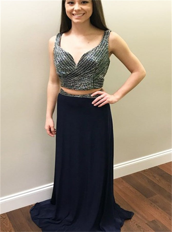 A Line Two Piece Straps Satin Prom Dress with Sequins | Alinepromdress A Line Two Piece Straps Satin Prom Dress with Sequins | Alinepromdress