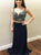 A Line Two Piece Straps Navy Blue Prom Dress with Sequins