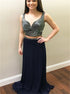 A Line Two Piece Straps Navy Blue Prom Dress with Sequins LBQ3328