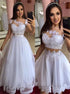 A Line Short Sleeves Appliques Tulle Prom Dress LBQ4005