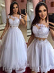 A Line Short Sleeves Appliques Tulle Prom Dresses