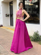 A Line High Neck Two Piece Pink Satin Appliques Prom Dresses
