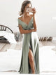 A Line V Neck Sweep Train Satin Grey Prom Dress with Slit