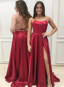 A Line Spaghetti Straps Red Satin Prom Dress with Slit LBQ3796