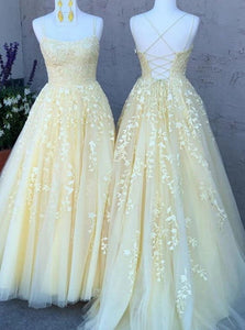 A Line Spaghetti Straps Tulle Lace Up Prom Dresses
