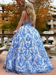 Balll Gown Blue Tulle Appliques Scoop Prom Dresses