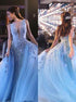 Ball Gown Sleeveless Scoop Sweep Train Applique Tulle Prom Dresses LBQ3446